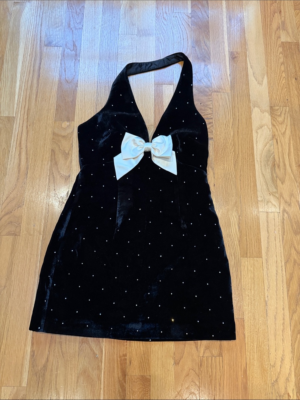 LoveShackFancy Black Velvet Mini Dress with White Bow